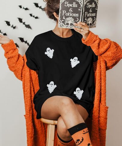 VILOVE Womens Halloween Ghost Sweatshirt: Oversized Sequin Spooky Graphic Shirts Long Sleeve Crewneck Halloween Pullover Tops in Saudi Arabia