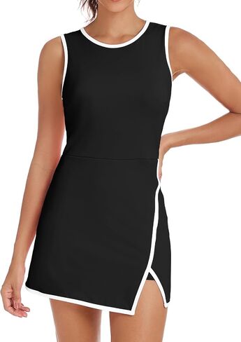 Tennis Dress for Women with Built-in Shorts and Bra Crew Neck Sleeveless Athletic Side Slit Golf Mini Dress in Saudi Arabia