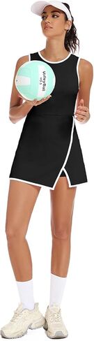 Tennis Dress for Women with Built-in Shorts and Bra Crew Neck Sleeveless Athletic Side Slit Golf Mini Dress in Saudi Arabia