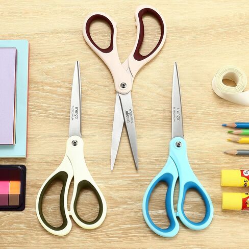 LIVINGO Scissors All Purpose - Titanium Coated Heavy Duty Sharp Stainless Steel Comfortable Shears for Office Home School Cutting Paper Fabric, Blue, White, and Brown, 3 Pieces in Saudi Arabia