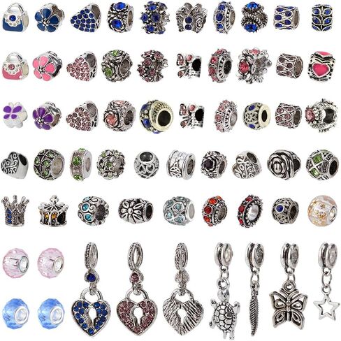 PH PandaHall 60 Styles Large Hole European Lampwork Beads Murano Glass Beads Rhinestone Spacers Metal Dangle Pendant Charms for Snake Chain Bracelet Bangle Necklace, 60pcs in Saudi Arabia