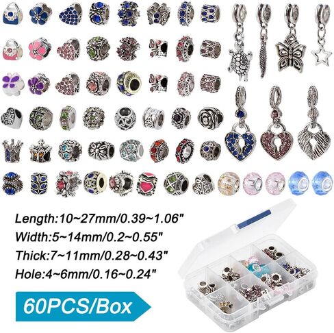 PH PandaHall 60 Styles Large Hole European Lampwork Beads Murano Glass Beads Rhinestone Spacers Metal Dangle Pendant Charms for Snake Chain Bracelet Bangle Necklace, 60pcs in Saudi Arabia
