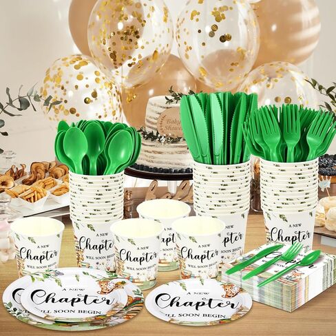 Dandat 350 Pcs Baby Shower Plates Set Baby Shower Party Supplies Serves 50 Tableware Sets Include Plates Napkin Cup Forks Knives Spoons Disposable Dinnerware for Boy Girl (Woodland) in Saudi Arabia