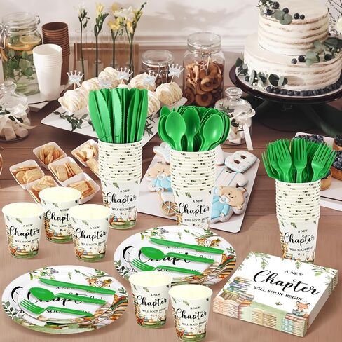Dandat 350 Pcs Baby Shower Plates Set Baby Shower Party Supplies Serves 50 Tableware Sets Include Plates Napkin Cup Forks Knives Spoons Disposable Dinnerware for Boy Girl (Woodland) in Saudi Arabia