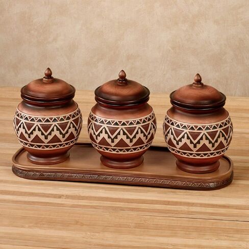 Abequa Covered Jars with Tray Multi Earth Set of Four in Saudi Arabia
