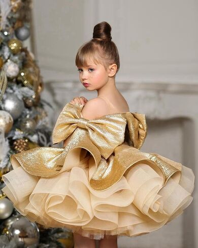 Satin Short Flower Girl Dresses for Wedding Kids Puffy Princess Birthday Party Gowns with Bowknot in Saudi Arabia