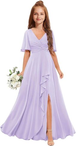 Junior Bridesmaid Dresses for Wedding Chiffon Flower Girl Dress Short Sleeve Teen Girls Wedding Guest Party Gowns in Saudi Arabia