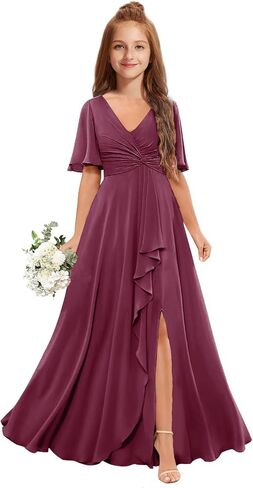 Junior Bridesmaid Dresses for Wedding Chiffon Flower Girl Dress Short Sleeve Teen Girls Wedding Guest Party Gowns in Saudi Arabia