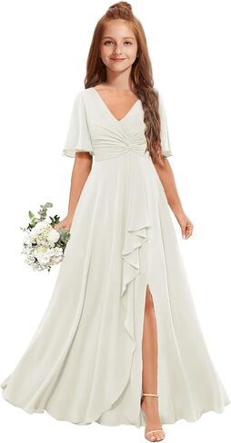 Junior Bridesmaid Dresses for Wedding Chiffon Flower Girl Dress Short Sleeve Teen Girls Wedding Guest Party Gowns in Saudi Arabia