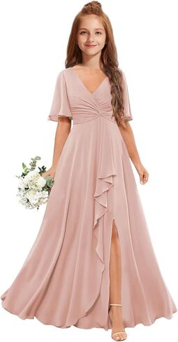 Junior Bridesmaid Dresses for Wedding Chiffon Flower Girl Dress Short Sleeve Teen Girls Wedding Guest Party Gowns in Saudi Arabia