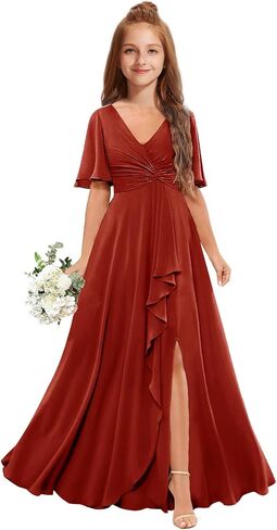 Junior Bridesmaid Dresses for Wedding Chiffon Flower Girl Dress Short Sleeve Teen Girls Wedding Guest Party Gowns in Saudi Arabia