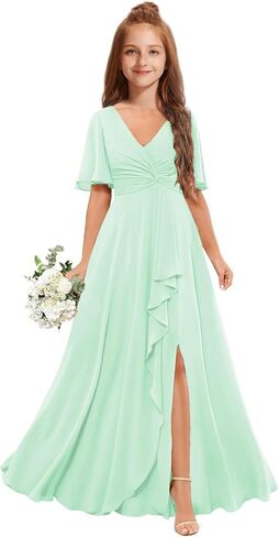 Junior Bridesmaid Dresses for Wedding Chiffon Flower Girl Dress Short Sleeve Teen Girls Wedding Guest Party Gowns in Saudi Arabia