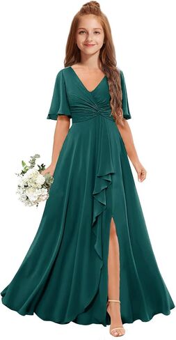 Junior Bridesmaid Dresses for Wedding Chiffon Flower Girl Dress Short Sleeve Teen Girls Wedding Guest Party Gowns in Saudi Arabia
