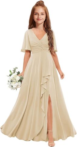 Junior Bridesmaid Dresses for Wedding Chiffon Flower Girl Dress Short Sleeve Teen Girls Wedding Guest Party Gowns in Saudi Arabia