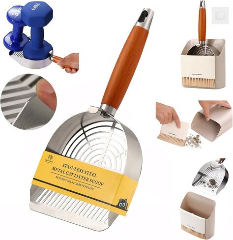 Stainless Steel Metal Cat Litter Scoop with Small Broom & Dustpan, Kitty Litter Scooper, Dual-Width Holes Quick Sifting, Heavy-Duty Durable Sturdy cat Scoop with Holder Efficient Cleaning in Saudi Arabia