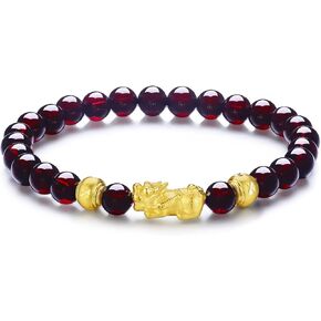 24K Solid Gold Bracelet for Women, Real Pure Gold Jewelry Fortune Pixiu Garnet Beaded Bracelet for Men in Saudi Arabia
