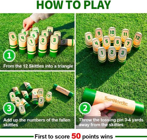 Wooden Throwing Game Set, Numbered Block Toss Games with 1 x Scoreboard,12 x Premium Rubber Wood Pins & 1 x Dowel, Outdoor Backyard Lawn Bowling Yard Game for Kids, Adults & Family in Saudi Arabia