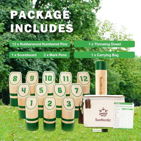 Wooden Throwing Game Set, Numbered Block Toss Games with 1 x Scoreboard,12 x Premium Rubber Wood Pins & 1 x Dowel, Outdoor Backyard Lawn Bowling Yard Game for Kids, Adults & Family in Saudi Arabia