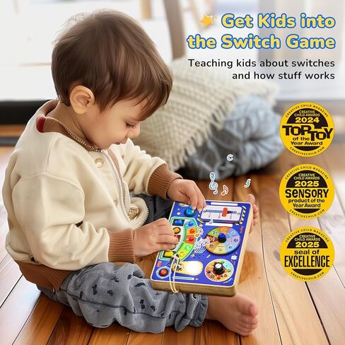 Busy Board with Led Light, Toddler Toys for 1 2 3 4 Year Old Boys and Girls, Wooden Sensory Toys with Music, Travel Toys for Toddlers 1-3, Birthday Presents (Blue) in Kuwait