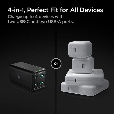 شاحن USB C، Spigen 120W [GaN III] محطة شحن USB C ذات 4 منافذ، 100W USB-C PD Type C شحن سريع لجهاز MacBook iPad M2 M1 Pro Air iPhone 16 15 14 13 Vision Pro HP Dell XPS Chromebook USB-C كمبيوتر محمول in Saudi Arabia