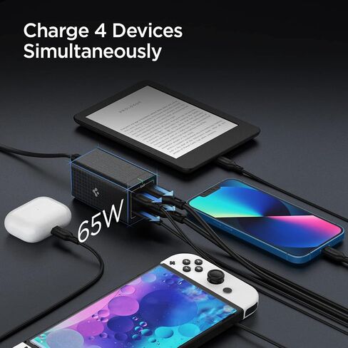 شاحن USB C، Spigen 120W [GaN III] محطة شحن USB C ذات 4 منافذ، 100W USB-C PD Type C شحن سريع لجهاز MacBook iPad M2 M1 Pro Air iPhone 16 15 14 13 Vision Pro HP Dell XPS Chromebook USB-C كمبيوتر محمول in Saudi Arabia