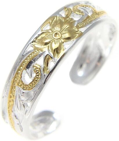 Arthur's Jewelry 925 sterling silver 2 tone yellow gold plated Hawaiian plumeria flower scroll 4mm inside cut open toe ring in Saudi Arabia