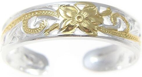 Arthur's Jewelry 925 sterling silver 2 tone yellow gold plated Hawaiian plumeria flower scroll 4mm inside cut open toe ring in Saudi Arabia