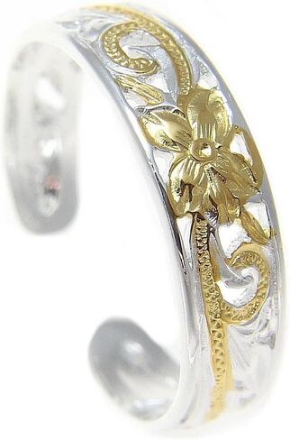 Arthur's Jewelry 925 sterling silver 2 tone yellow gold plated Hawaiian plumeria flower scroll 4mm inside cut open toe ring in Saudi Arabia
