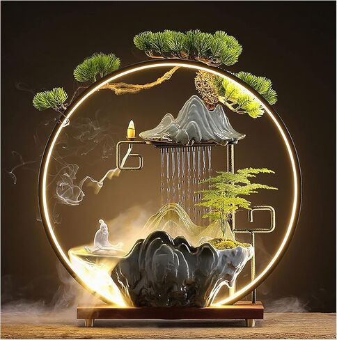 المنصات بوذا المائية النافورات سقوط المياه الداخلية مع ديكور LED LED Zen للتأمل مع ديكور ياباني ضباب مع نباتات مزيفة فنغ شوي ديكور من أجل حظ سعيد الثروة in Kuwait