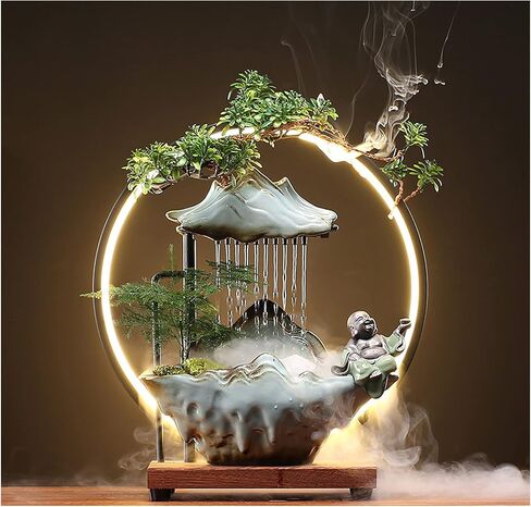 Tabletop Buddha Water Fountains Indoor Water Fall with LED Light Zen Decor for Meditation with Mist Japanese Decor with Fake Plants Feng Shui Decor for Good Luck Wealth in Saudi Arabia