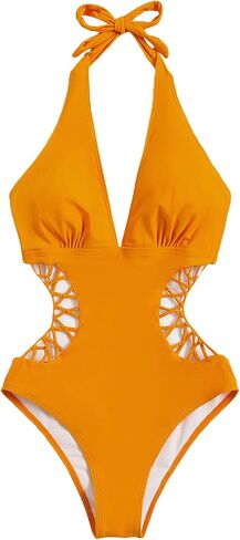 SweatyRocks Women's Deep V Neck Cutout High Waisted Halter Monokini One Piece Swimsuit Solid Black XL in Saudi Arabia