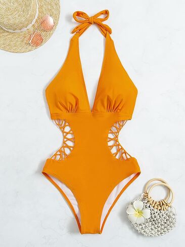 SweatyRocks Women's Deep V Neck Cutout High Waisted Halter Monokini One Piece Swimsuit Solid Black XL in Saudi Arabia