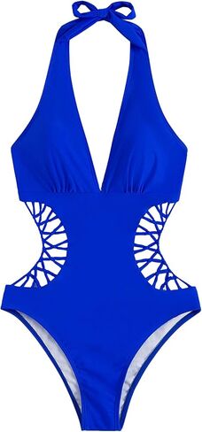 SweatyRocks Women's Deep V Neck Cutout High Waisted Halter Monokini One Piece Swimsuit Solid Black XL in Saudi Arabia