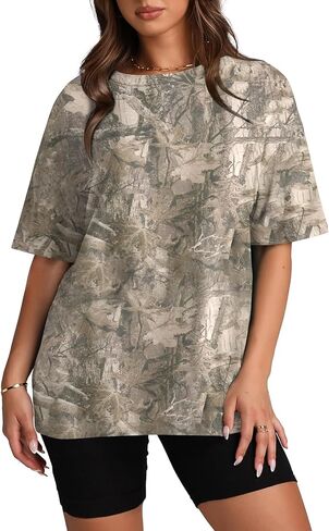 Camo Shirt for Women Maple Leaf Print Short Sleeve Crewneck T-Shirts Summer Oversized Tee Shirts Streetwear in Kuwait