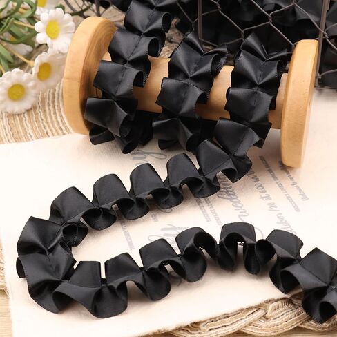 Black Ruffle Lace Trim 5 Yards Gathered Stain Ribbon Pleated Lace Trim for Dress Sewing Gift Bouquet Decoration in Kuwait