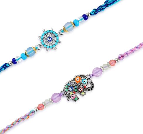 مجموعة من 2 Rakhi for Brother - Premium Evil Eye & Elephant Rakhi Combo with Raksha Bandhan Greeting Card & Roli Chawal | Rakhi لـ Bhaiya & Ksmall Brother | خيط راخي من الأخت in Kuwait