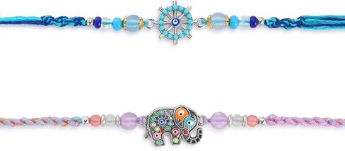 مجموعة من 2 Rakhi for Brother - Premium Evil Eye & Elephant Rakhi Combo with Raksha Bandhan Greeting Card & Roli Chawal | Rakhi لـ Bhaiya & Ksmall Brother | خيط راخي من الأخت in Kuwait
