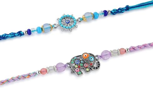 مجموعة من 2 Rakhi for Brother - Premium Evil Eye & Elephant Rakhi Combo with Raksha Bandhan Greeting Card & Roli Chawal | Rakhi لـ Bhaiya & Ksmall Brother | خيط راخي من الأخت in Kuwait