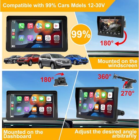 شاشة HD Carplay مقاس 7 بوصات للسيارة، شاشة Carplay لاسلكية/Android تعمل باللمس التلقائي، راديو سيارة Carplay محمول مع بلوتوث/وصلة مرآة/FM/AUX، ملاحة GPS، كاميرا احتياطية 1080 بكسل، التحكم الصوتي لجميع السيارات in Saudi Arabia
