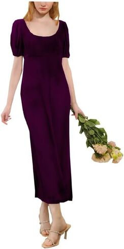 Silk Velvet Lady's Spring Temperament French Purple Deep U Collar Noble Light Extravagant Elegant Dress Acomfortable in Kuwait