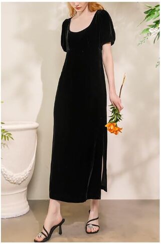 Silk Velvet Lady's Spring Temperament French Purple Deep U Collar Noble Light Extravagant Elegant Dress Acomfortable in Kuwait