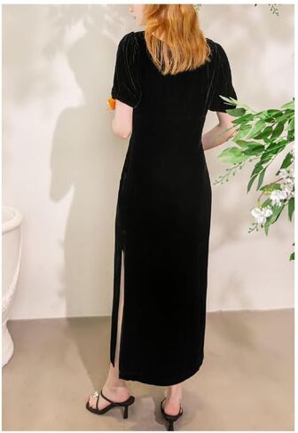 Silk Velvet Lady's Spring Temperament French Purple Deep U Collar Noble Light Extravagant Elegant Dress Acomfortable in Kuwait