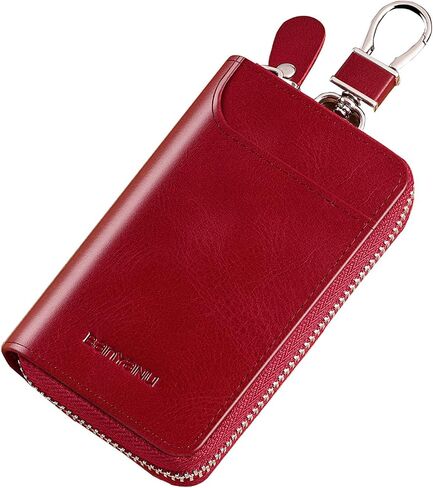 Car Key Case for Men and Women, Black Genuine Leather Card Holder Wallet Keys Pouch Organizer Bag with 6 Keychain Hooks, 3 Cards Slot (Black w/keychain) in Saudi Arabia
