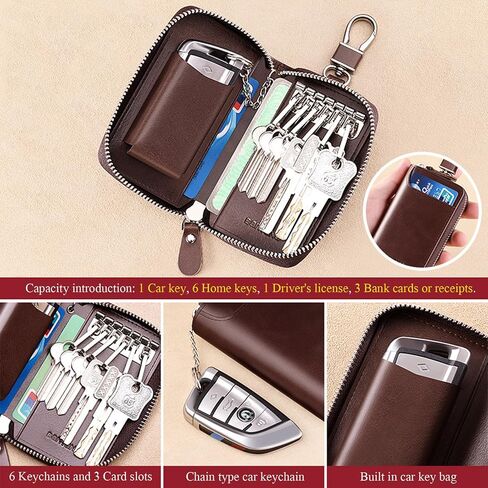 Car Key Case for Men and Women, Black Genuine Leather Card Holder Wallet Keys Pouch Organizer Bag with 6 Keychain Hooks, 3 Cards Slot (Black w/keychain) in Saudi Arabia