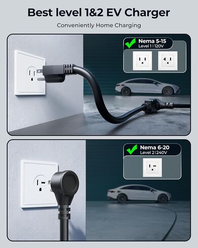 Level 1&2 EV Charger, Portable Electric Car Charger for J1772 EVs & Plug-in Hybrid Vehicles, 110V-240V 16Amp Adjustable Home/Outdoor Charging Stations, 21ft Cable, NEMA 6-20 & NEMA 5-15 Plug in Saudi Arabia
