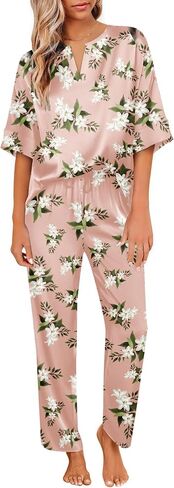 Ekouaer Satin Pajama Set Womens Silk Short Sleeve V Neck Shirt with Long Pant Soft Loungewear Pjs Set Ice Green in Saudi Arabia