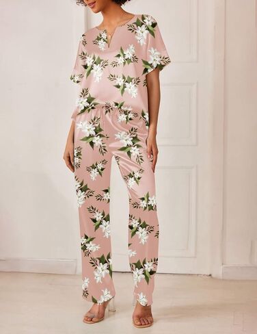Ekouaer Satin Pajama Set Womens Silk Short Sleeve V Neck Shirt with Long Pant Soft Loungewear Pjs Set Ice Green in Saudi Arabia