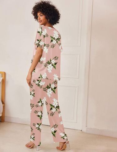 Ekouaer Satin Pajama Set Womens Silk Short Sleeve V Neck Shirt with Long Pant Soft Loungewear Pjs Set Ice Green in Saudi Arabia
