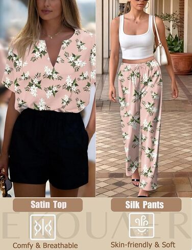 Ekouaer Satin Pajama Set Womens Silk Short Sleeve V Neck Shirt with Long Pant Soft Loungewear Pjs Set Ice Green in Saudi Arabia