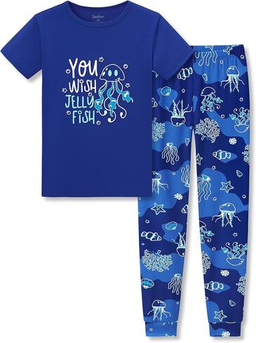 Beezizac Toddler & Little Boys Pajamas Blue Sharks 2 قطعة ناعمة Snug-Fit Shorts القصيرة والسروال PJ مجموعة Kid Size 4T-14 in Kuwait